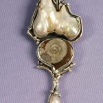 Amonite Fossi, fresh water Pearl and Silver Brooch