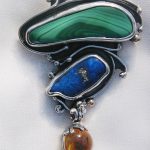 Malachite, Lapis, Amber with bug , Silver and 14k Gold Brooch