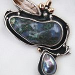 Rutilated Quartz, Agate, Grey pearl , Silver and 14k Gold Brooch