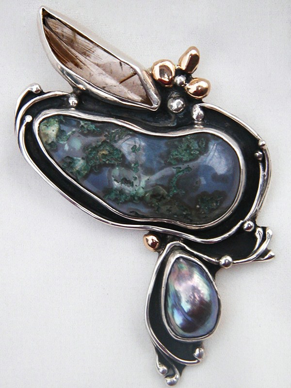 Rutilated Quartz, Agate, Grey pearl , Silver and 14k Gold Brooch